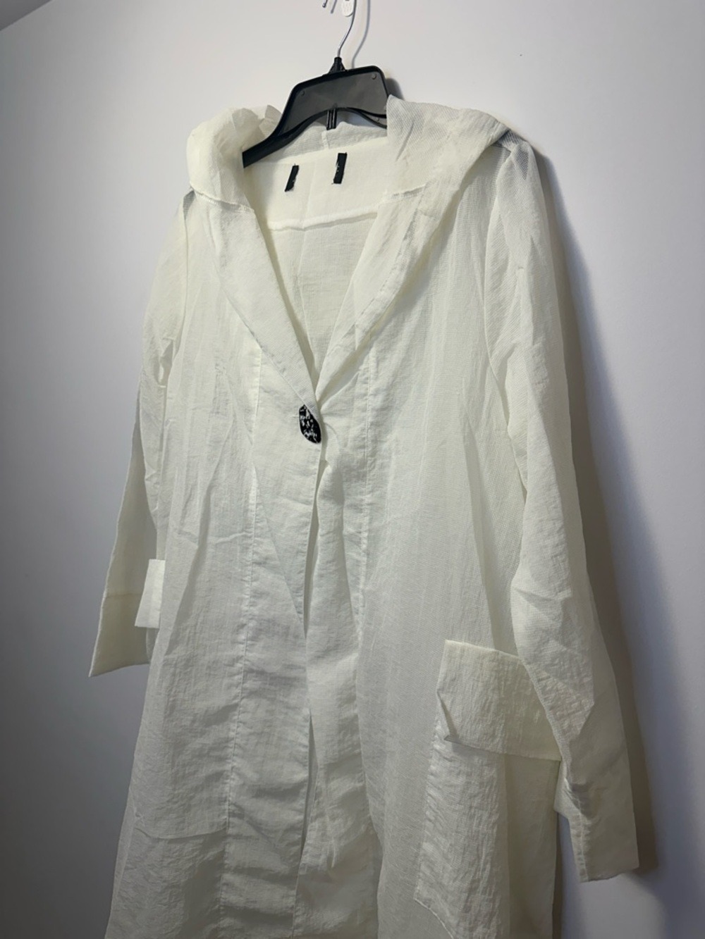 Lightweight White Hooded Button-Front Long Duster Sheet Jacket - Picture 2 of 11
